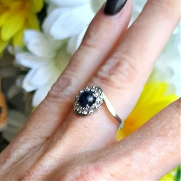 Blue Star Sapphire & White Zircon Halo Ring - Picture 2 of 7